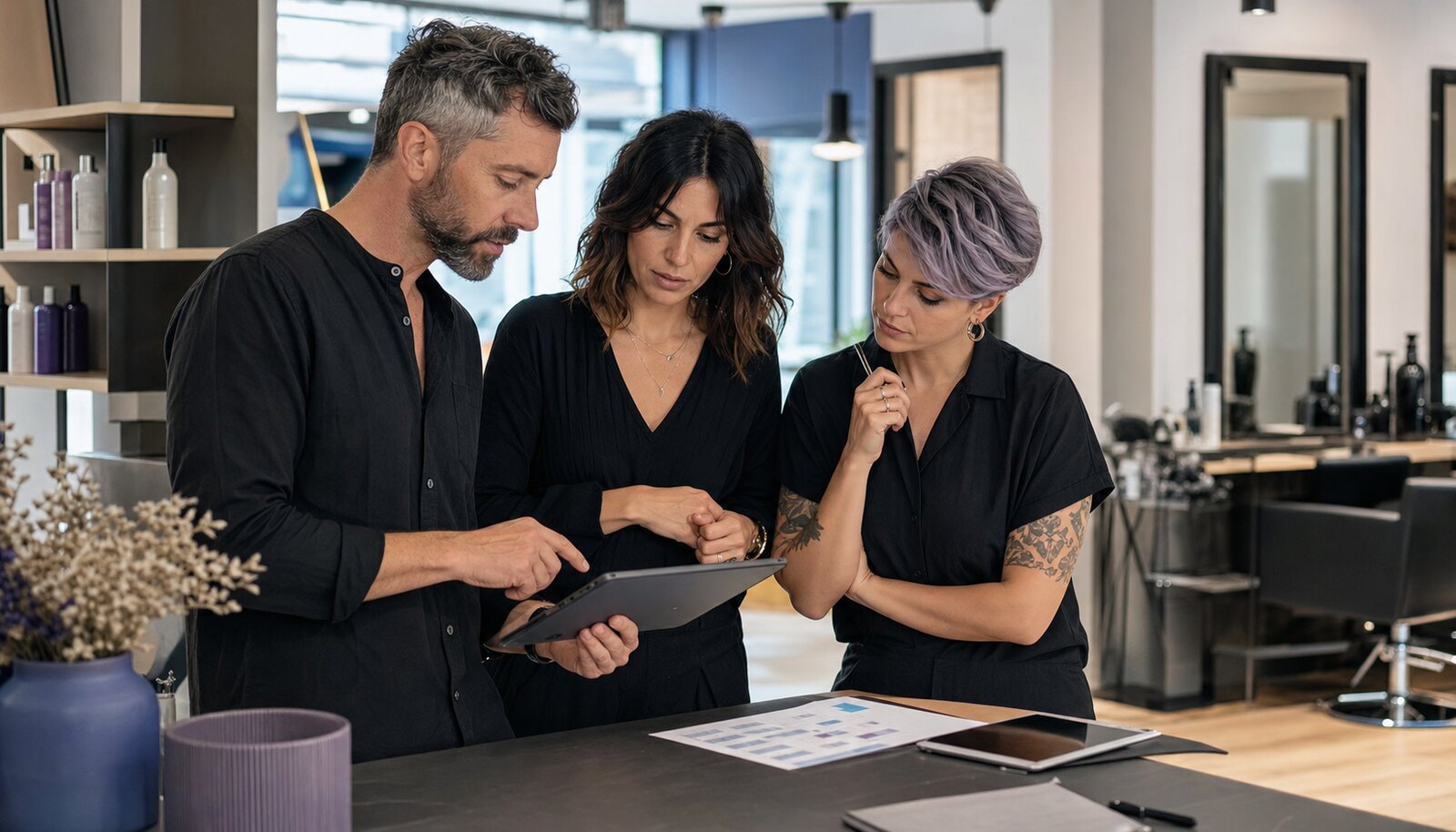 Team di un salone che pianifica insieme turni e disponibilità settimanali