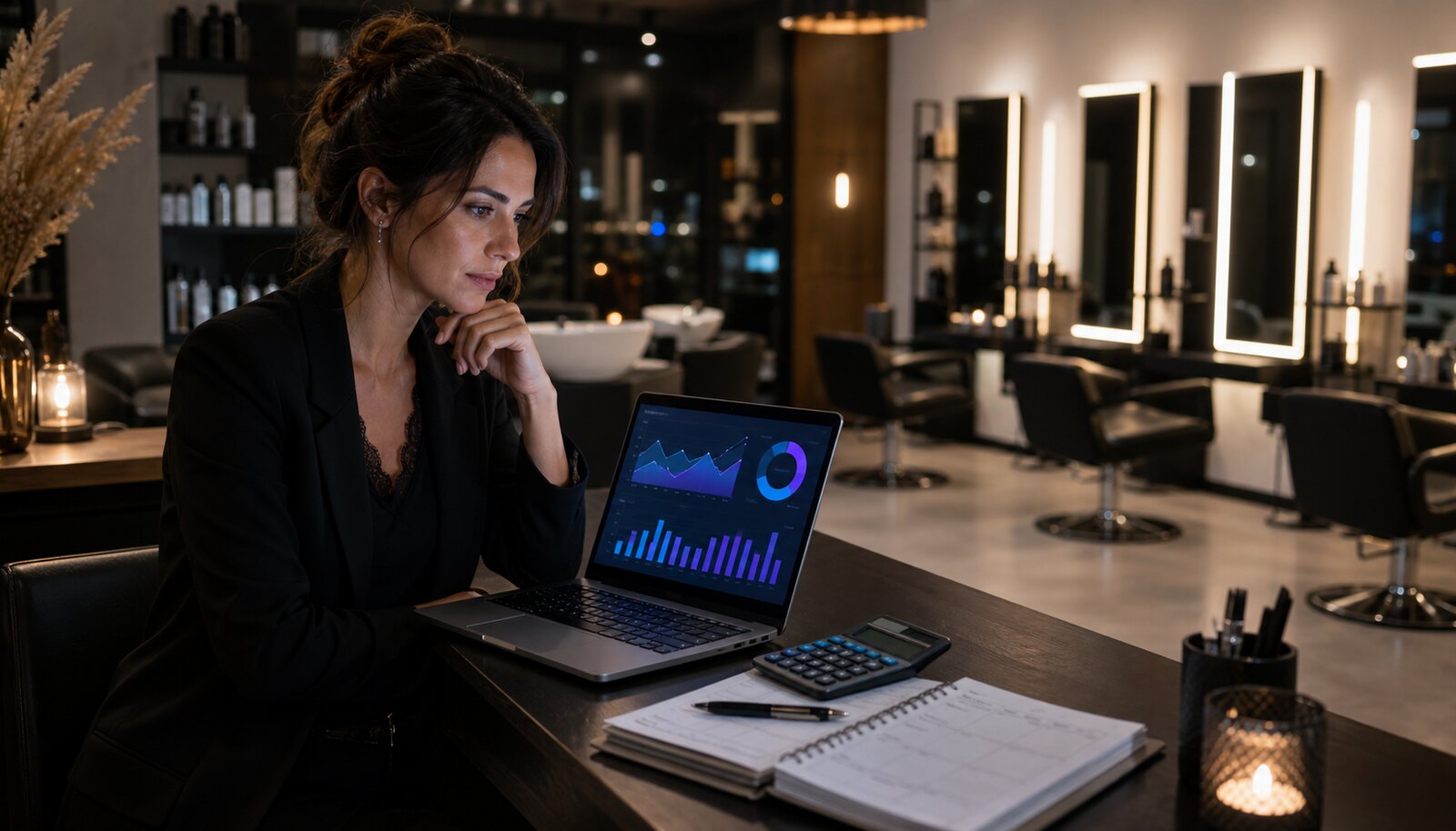 Titolare di un salone che analizza grafici e risultati economici su un computer